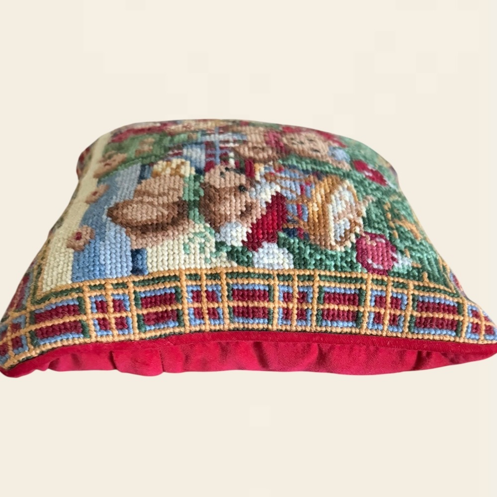 Vintage Christmas Needlepoint Teddy Bear Throw Pillow Red Velvet Plaid 9x9 - Picture 5 of 6